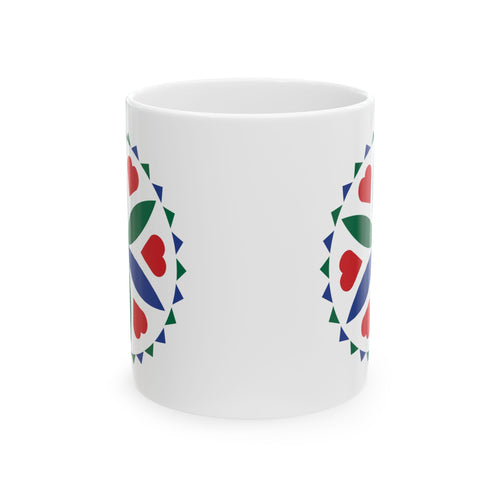 Love & Romance Hex Mug — Colorful Pennsylvania Dutch Ceramic Coffee Cup (11oz & 15oz)