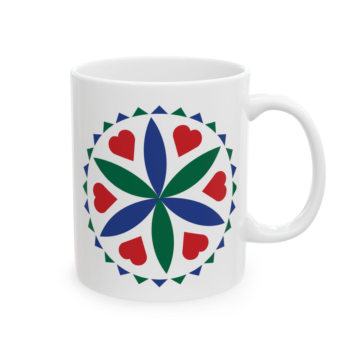 Love & Romance Hex Mug — Colorful Pennsylvania Dutch Ceramic Coffee Cup (11oz & 15oz)