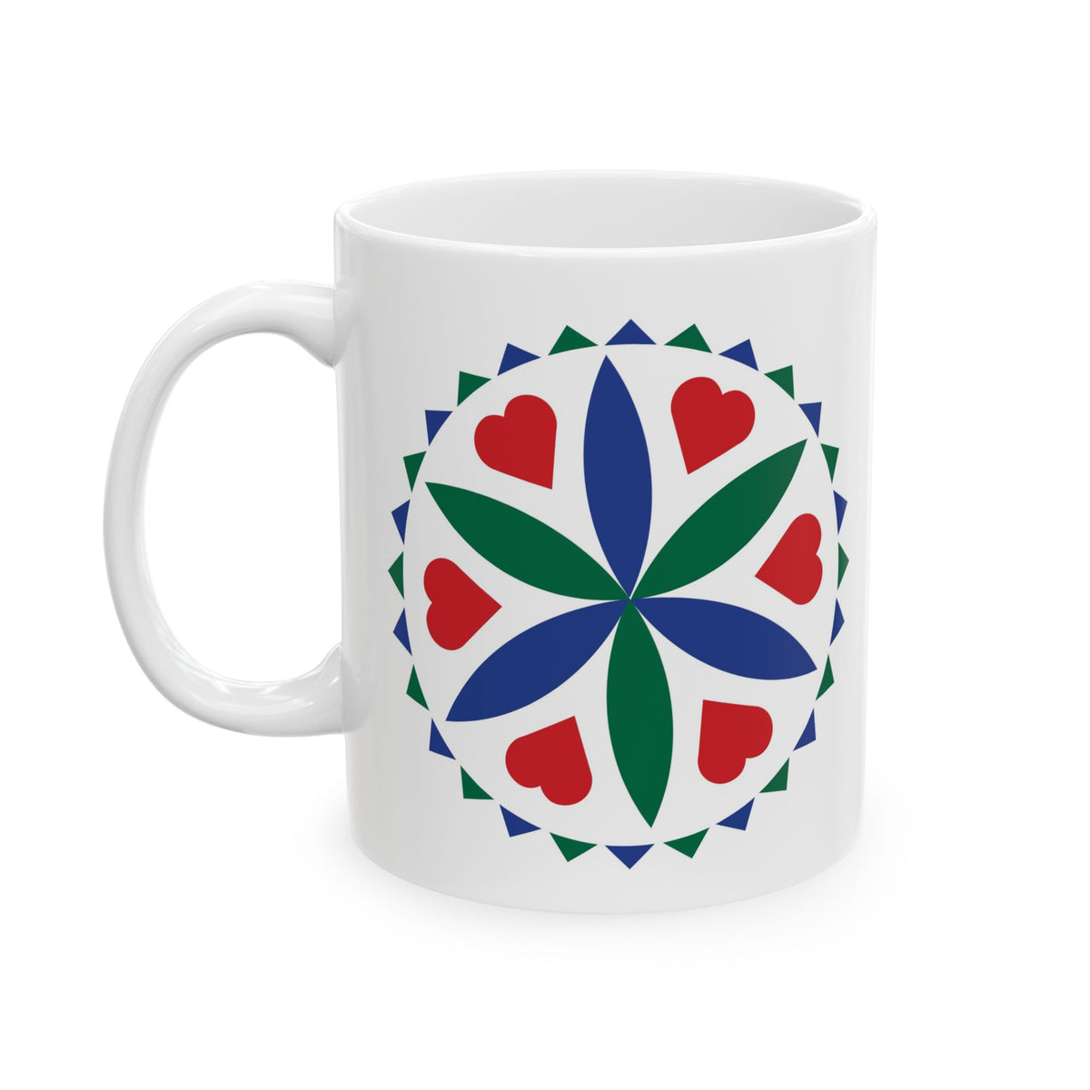 Love & Romance Hex Mug — Colorful Pennsylvania Dutch Ceramic Coffee Cup (11oz & 15oz)
